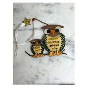 Handcrafted Owl Mommy & Baby Ornament With Sequins & Ribbon Fall Winter Decor